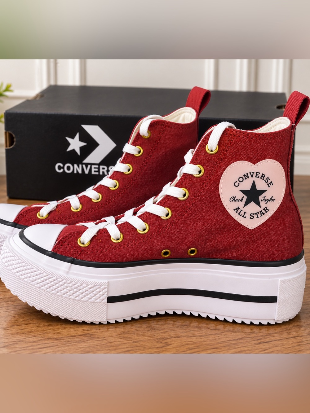 Converse Red High-Top Platform Sneakers with Heart Patch